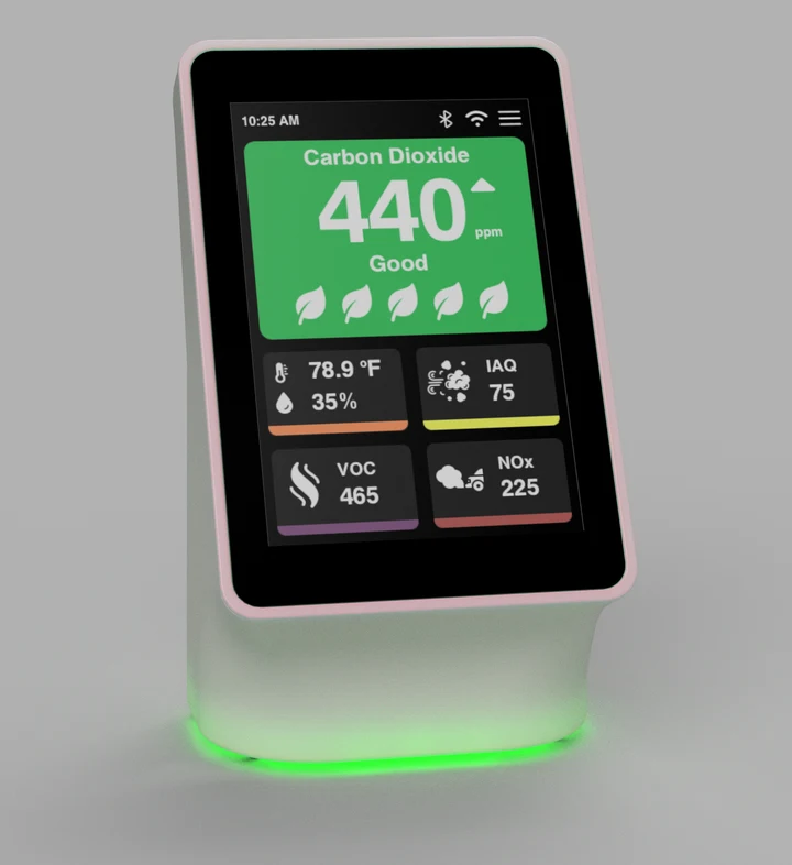 Terrestream device screen showing Carbon Dioxide at 440 ppm, Good status, plus temperature, IAQ, VOC, and NOₓ tiles