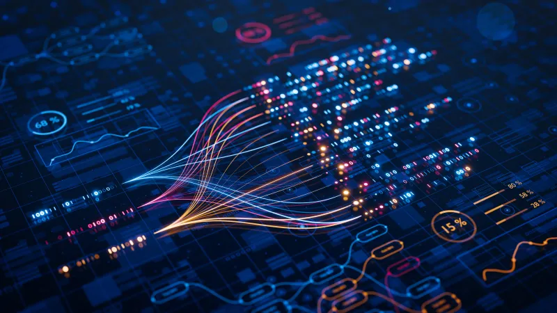 Glowing data streams converging on a dark grid