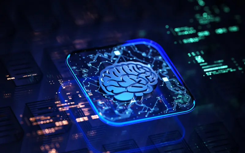 A glowing brain etched into a printed circuit board
