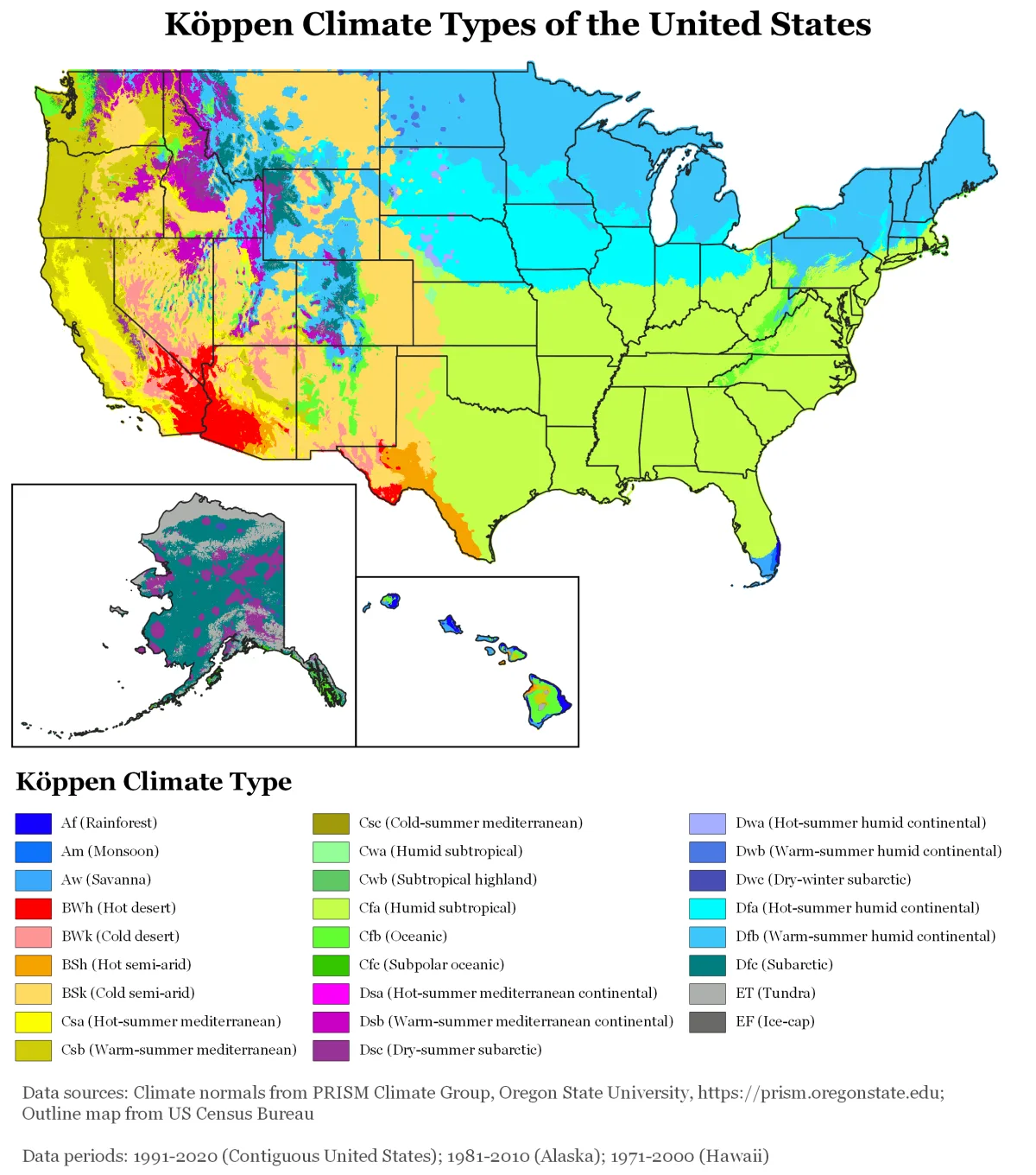 Tipos climáticos de Köppen de Estados Unidos, coloreados por zona con una leyenda completa.