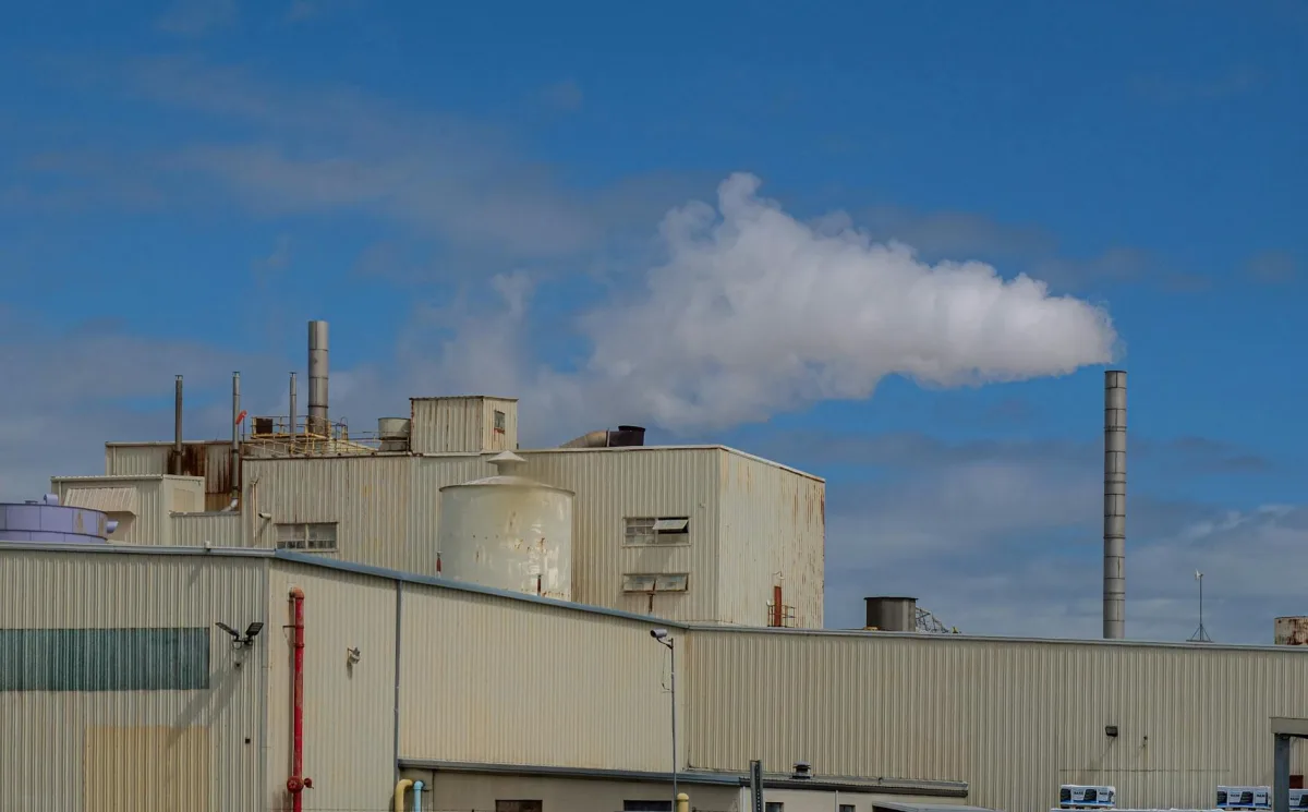 A coal-fired power plant cooling tower with steam against a hazy sky.