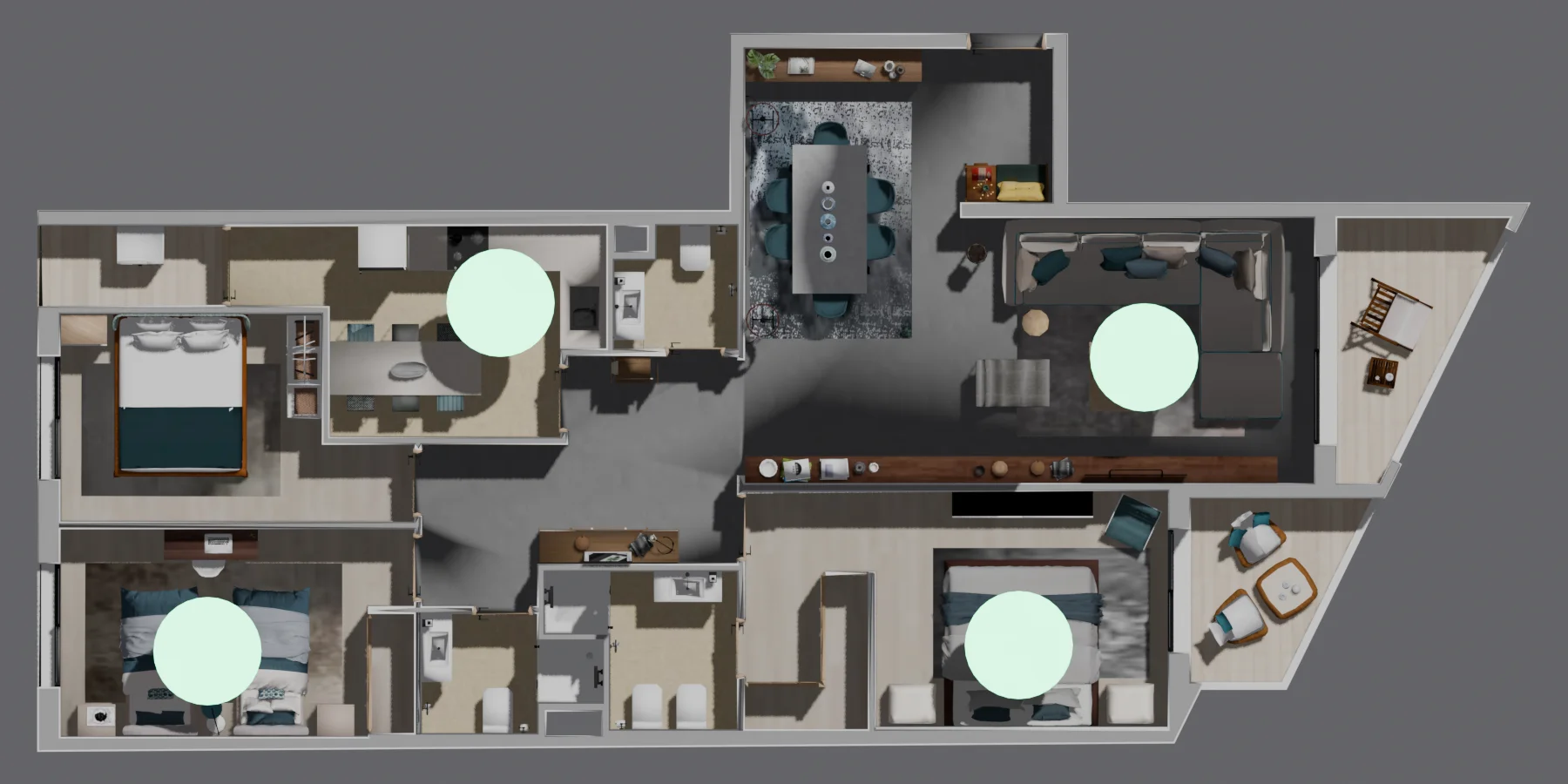 Top-down floor plan with four green sensor-placement markers