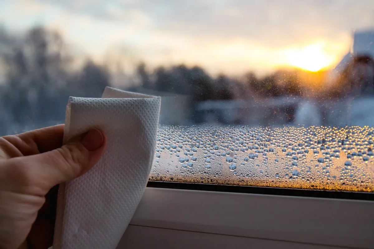 A hand wiping condensation and water droplets from a cold window at sunrise