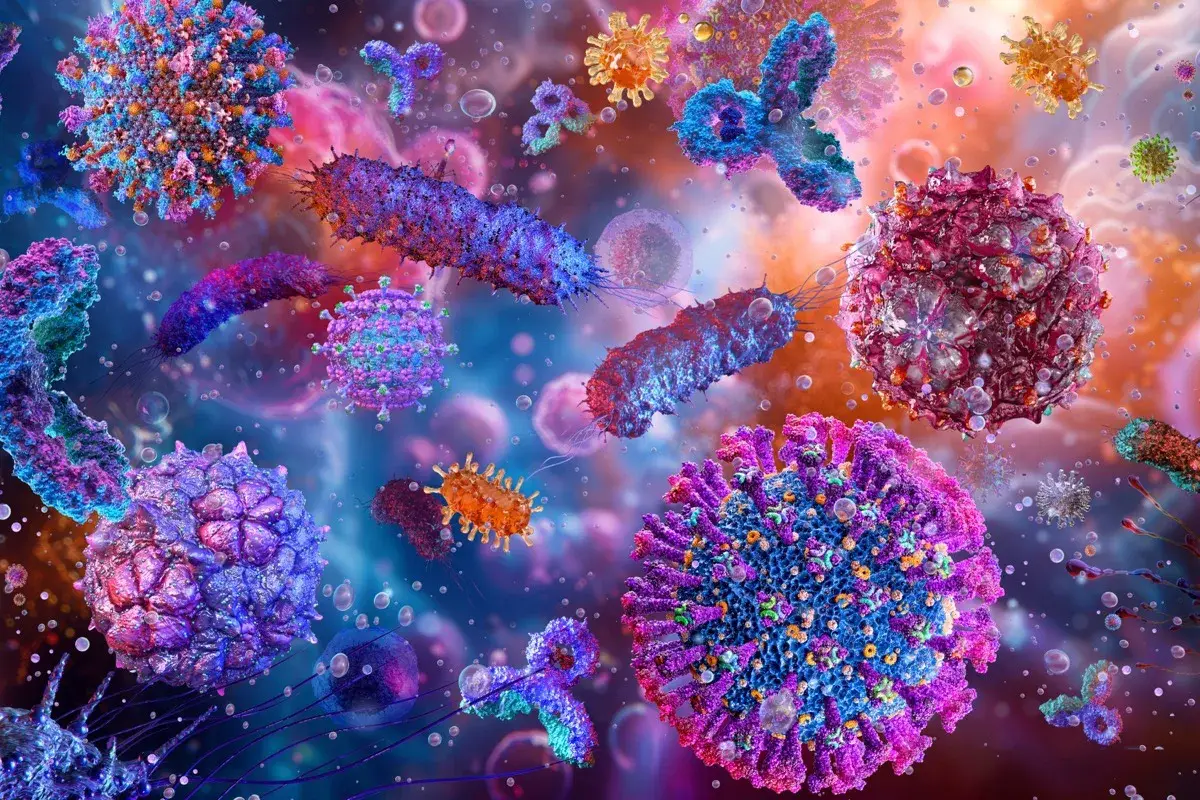 A vivid microscopic render of submicron airborne particles in purple, blue, and pink