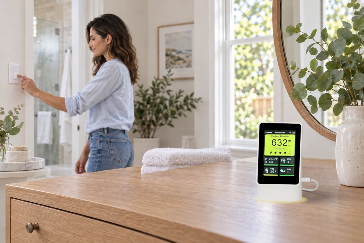 Sensor on a dry dressing-room dresser as a woman switches on bathroom extraction