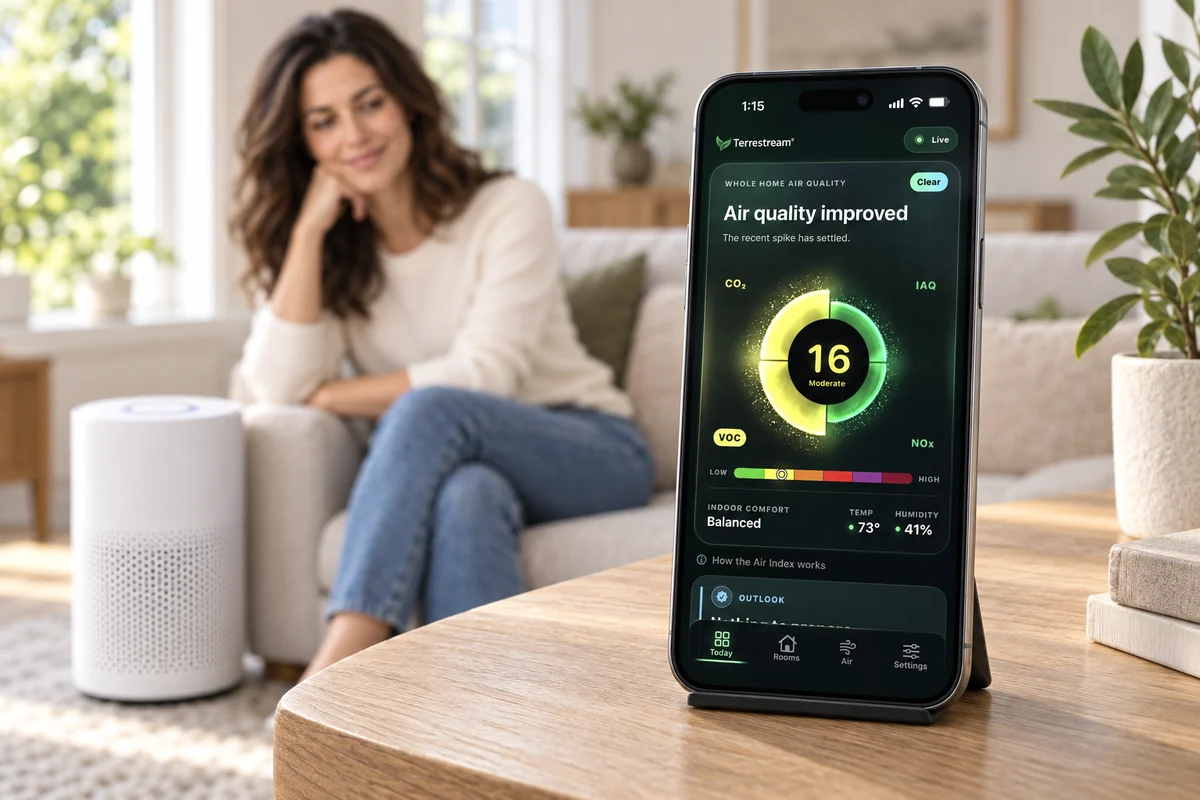 Terrestream app beside a purifier in the living room