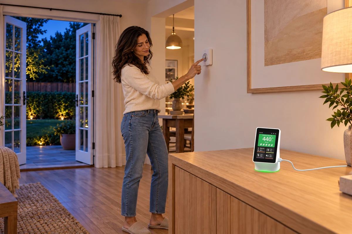 Sensor with green status light as a woman adjusts the thermostat on a cool evening