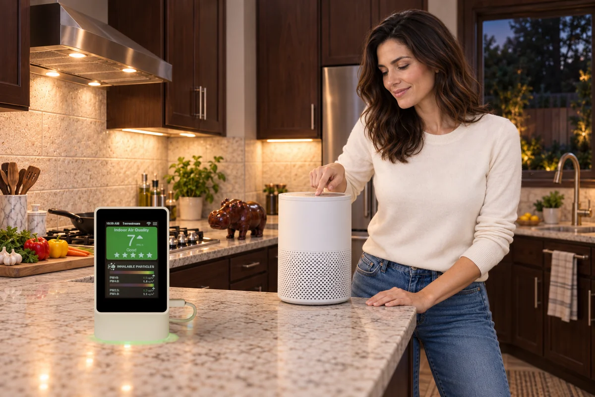 Sensor on a kitchen counter as a woman starts filtration before cooking; the ceramic hippo is visible