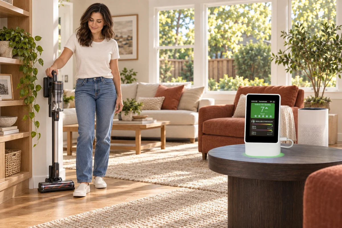 Sensor sits securely on a dark round table after vacuuming