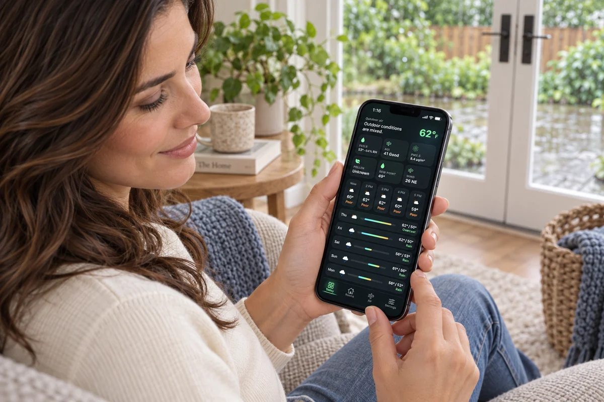 Woman checks outdoor moisture and weather in the app beside closed patio doors