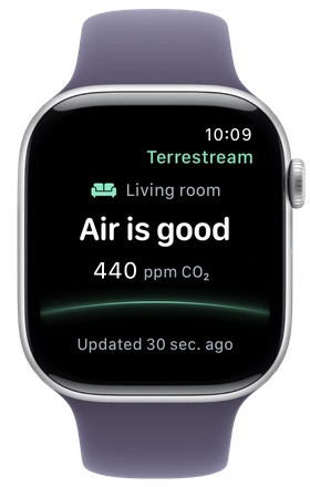 Terrestream on Apple Watch: Living room, Air is good, CO₂ 440 ppm
